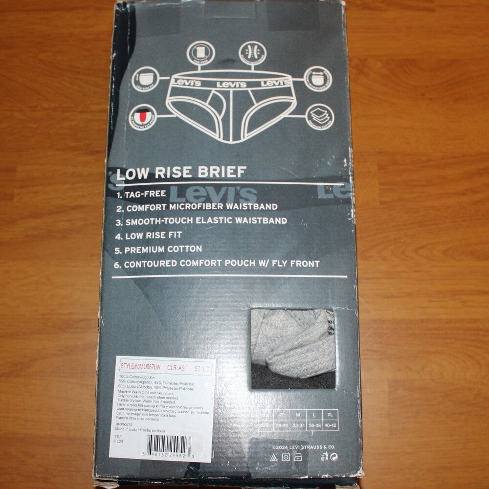 NWT Levi's Men's L Lg Large Low-Rise Briefs 5-Pk Black Gray Underwear Tag Free